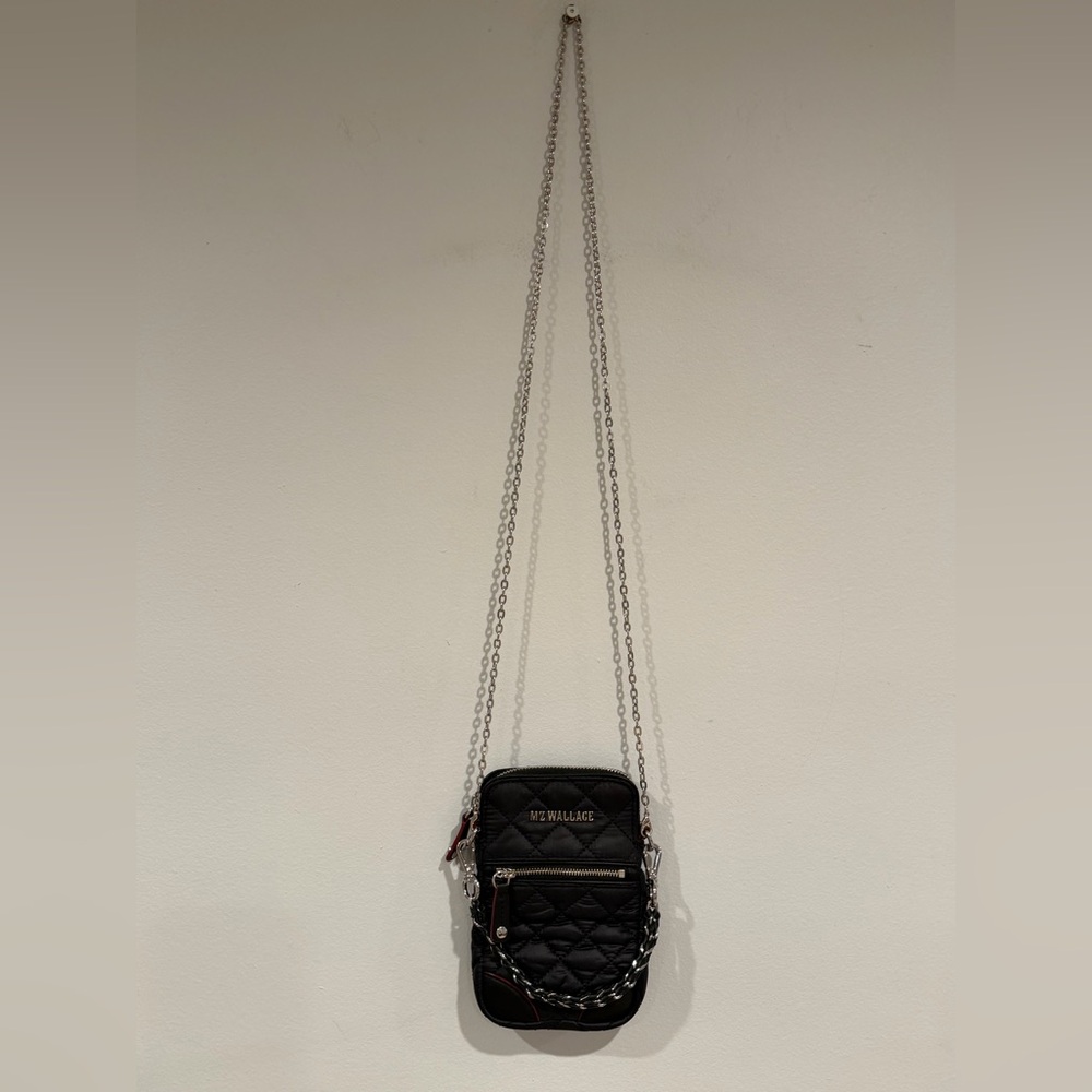 MZ WALLACE Black, Quilted Micro Crosby Crossbody Phone Bag with Silver Chain - Picture 5 of 16